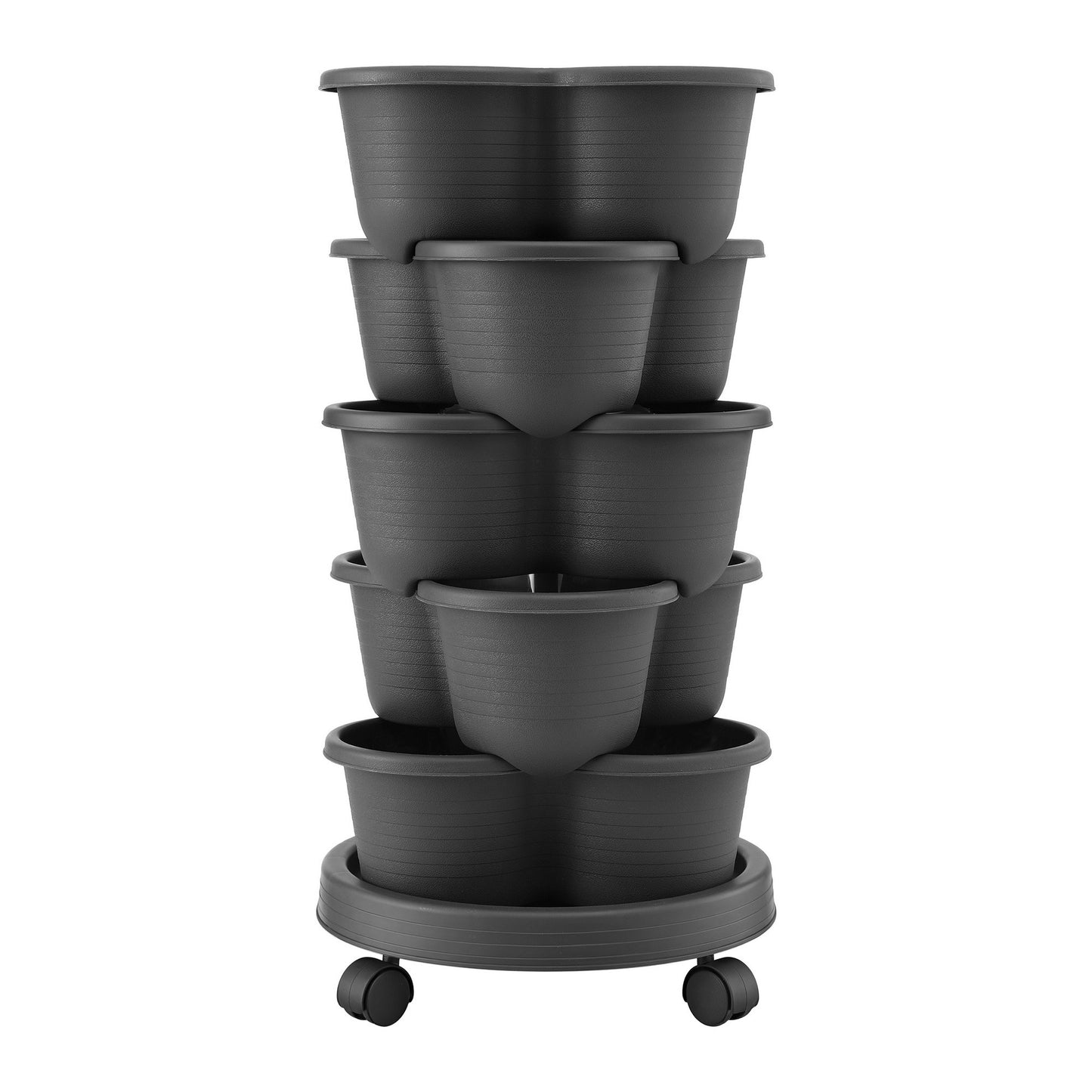 Green Fingers 5 Tier Vertical Garden Planter, Stackable Planters with 4 Wheels, Black, Raised Garden Bed, Garden Tower Indoor Outdoor, Auto Drainage System, for Strawberries, Herbs, Flower, Vegetables