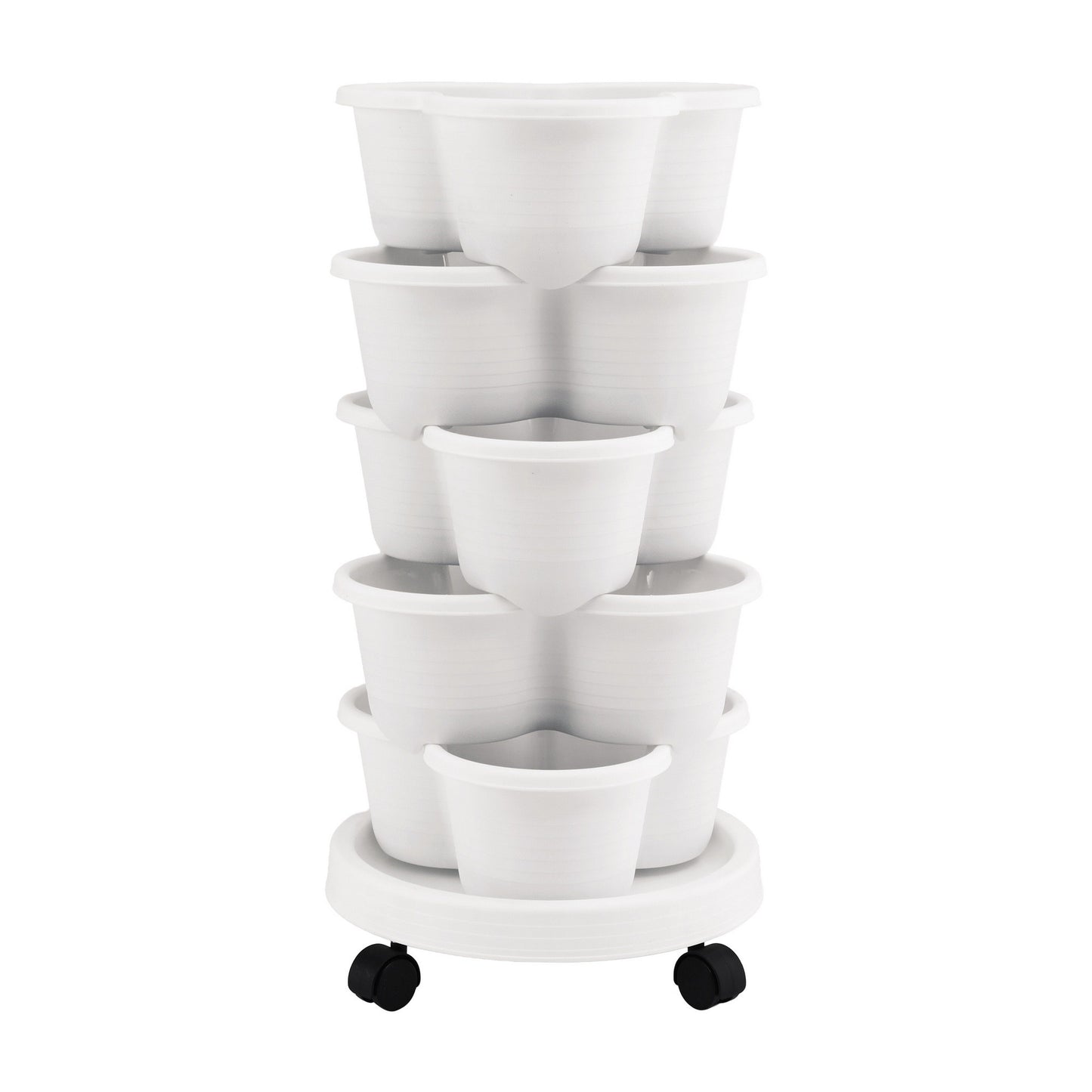 Green Fingers 5 Tier Vertical Garden Planter, Stackable Planters with Wheels, White, Garden Bed, Garden Tower Indoor Outdoor, Auto Drainage System, for Strawberries, Herbs, Flowers, Vegetables