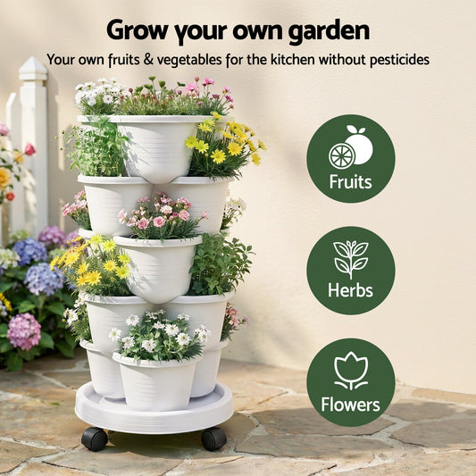 Green Fingers 5 Tier Vertical Garden Planter, Stackable Planters with Wheels, White, Garden Bed, Garden Tower Indoor Outdoor, Auto Drainage System, for Strawberries, Herbs, Flowers, Vegetables