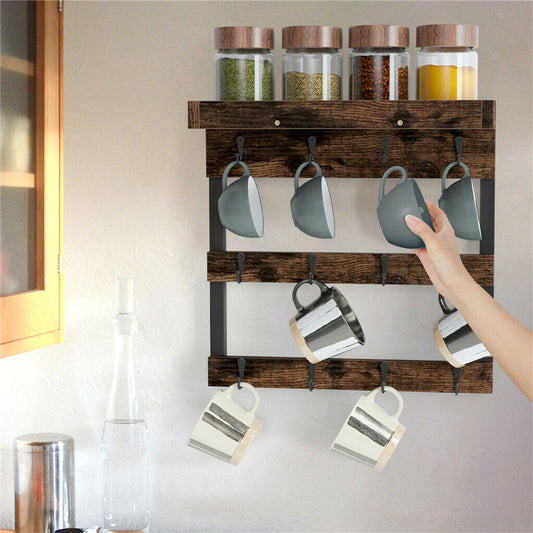 Wooden Coffee Mug Rack 12 Hooks Cup Holder