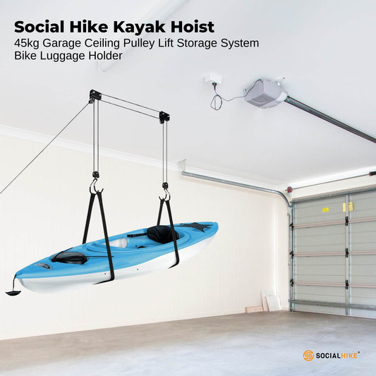 Social Hike Kayak Hoist - 45kg Garage Ceiling Pulley Lift for Kayak Bike Storage