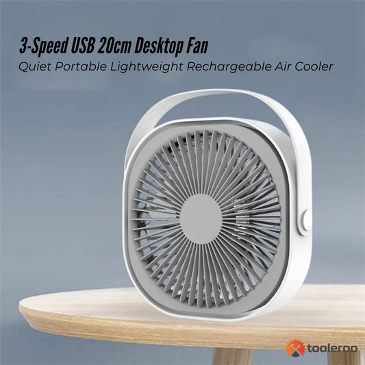 3-Speed USB 20cm Desktop Fan - Quiet Portable Lightweight Rechargeable Cooler