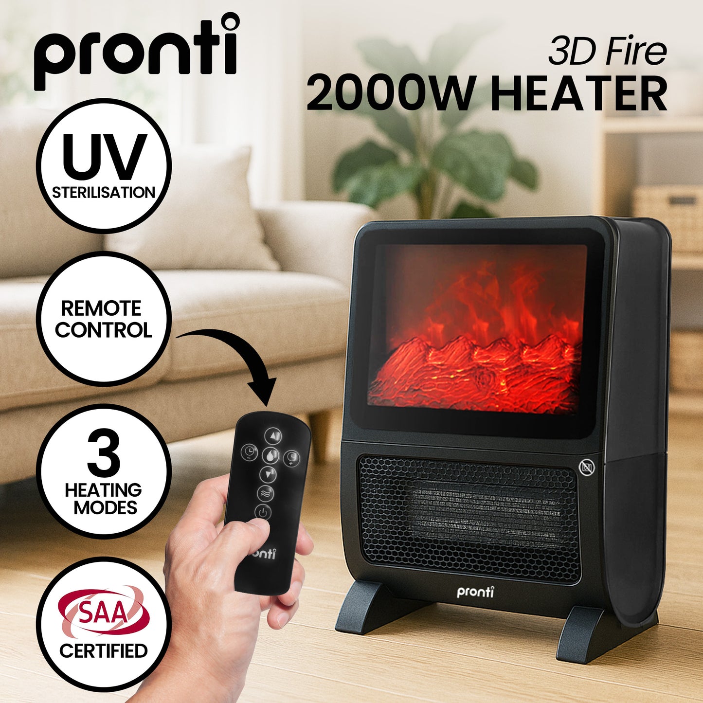 Pronti 2000W 3D Fire PTC Electric Portable Room Heater