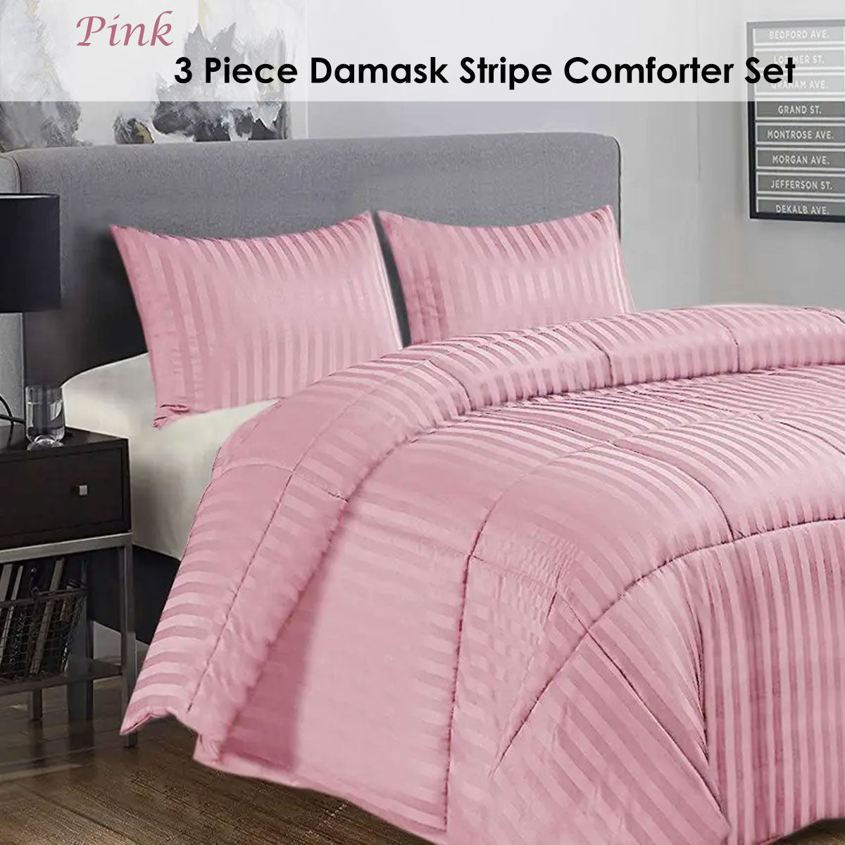 Ramesses 3 Piece Damask Stripe Comforter Set King Pink