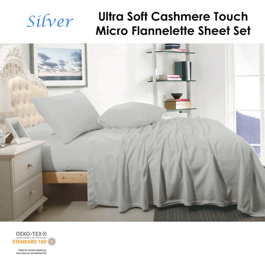 Shangri La Cashmere Touch Micro Flannelette Sheet Set Silver Queen