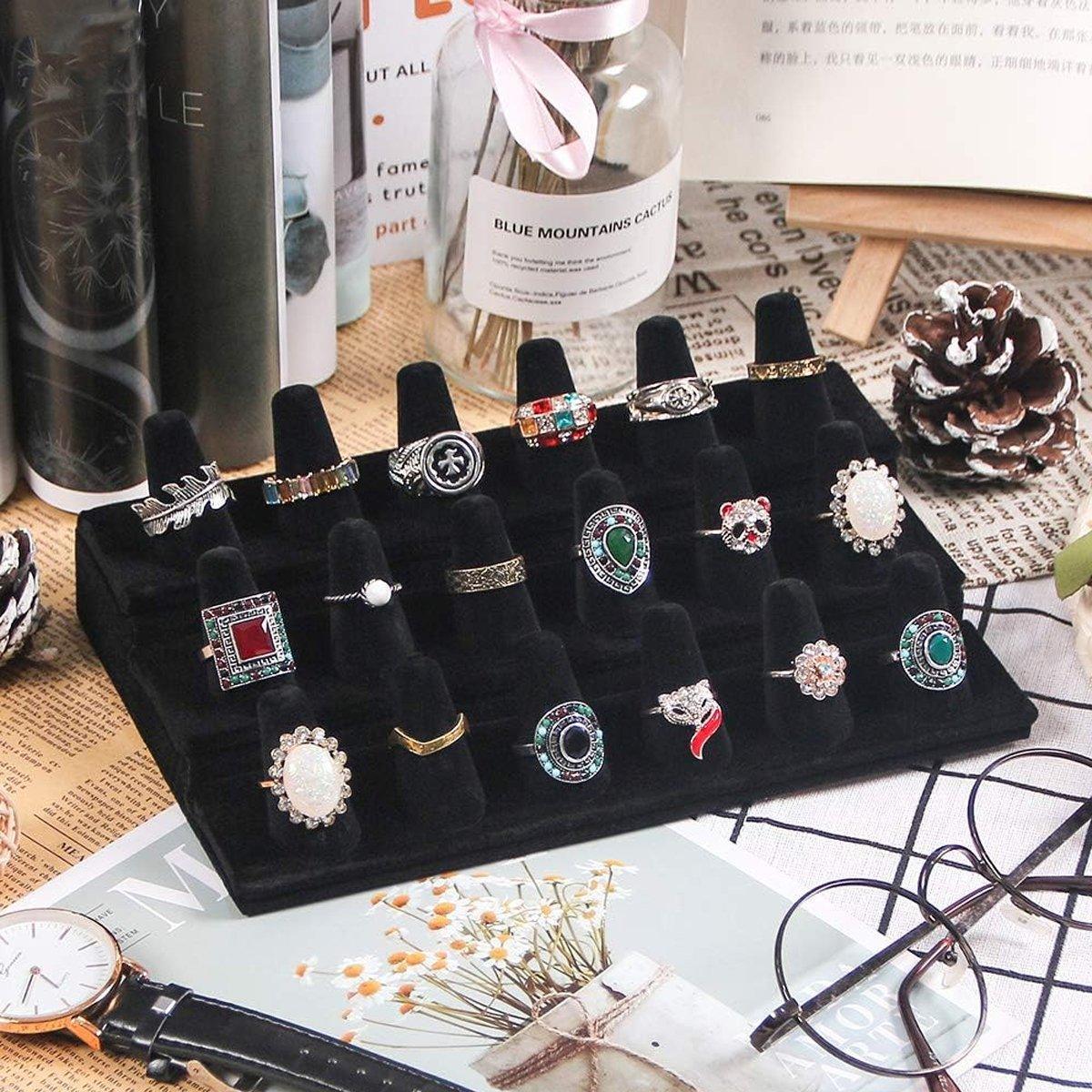 Three Layer Flocking Jewelry Display Stand 18 Finger Ring Organizer Holder