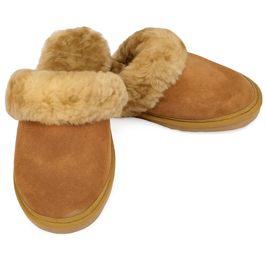 Sheepskin Wool Womens Slippers Scuffs Slip On Winter Ugg Slippers in Chestnut - 9