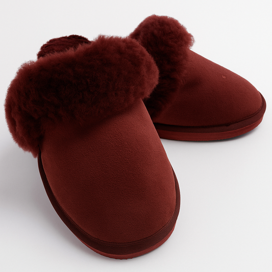 Sheepskin Wool Womens Slippers Scuffs Slip On Winter Ugg Slippers in Burgundy/Red - 7