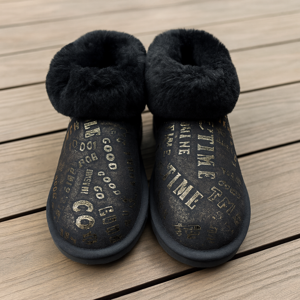 Womens Australian Sheepskin Wool Fur Mini UGG Ankle Boots in Gold Black - 8