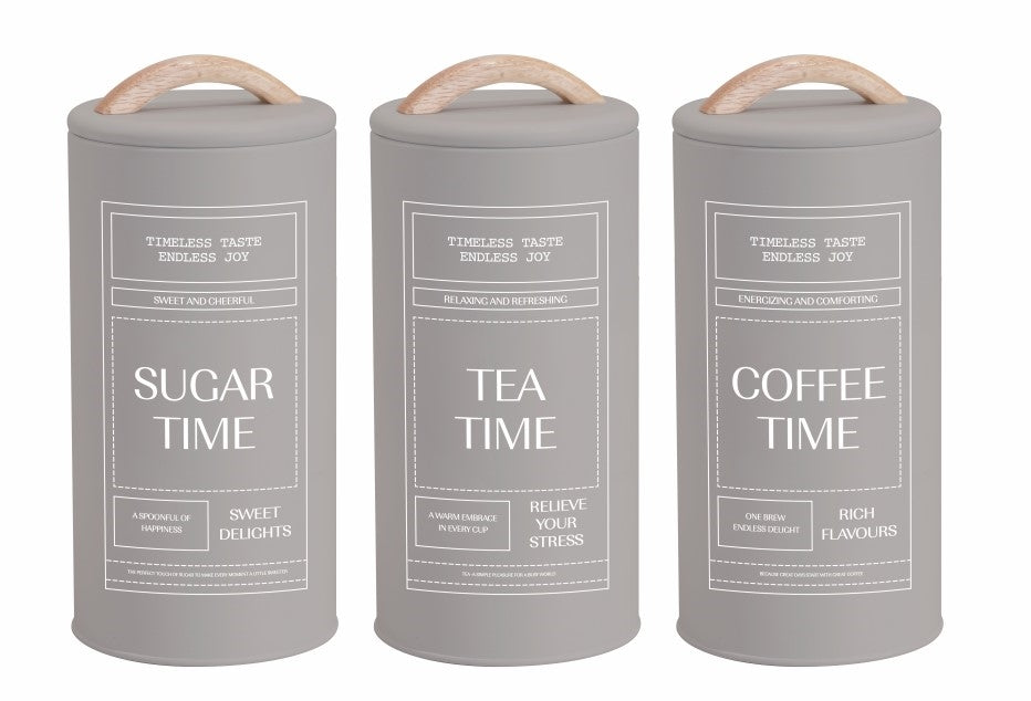 Set 3 Almond Cream Metal Coffee Tea Sugar Storage Tins 11x19cm