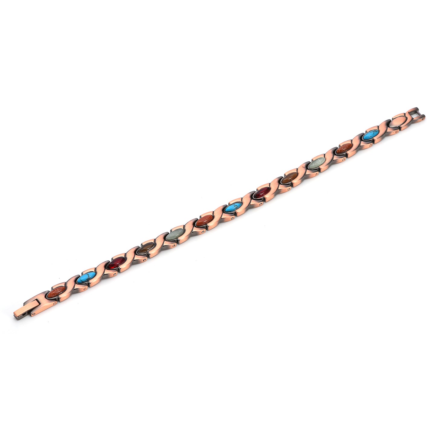 Vintage Copper Tone Magnetic Bracelet Unisex Fish Link Chain with Colourful Stones 19.5cm Bangle for Men and Women Jewellery Gift