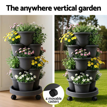 Green Fingers 5 Tier Vertical Garden Planter, Stackable Planters with 4 Wheels, Black, Raised Garden Bed, Garden Tower Indoor Outdoor, Auto Drainage System, for Strawberries, Herbs, Flower, Vegetables