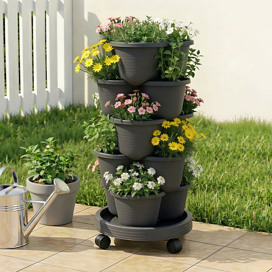 Green Fingers 5 Tier Vertical Garden Planter, Stackable Planters with 4 Wheels, Black, Raised Garden Bed, Garden Tower Indoor Outdoor, Auto Drainage System, for Strawberries, Herbs, Flower, Vegetables