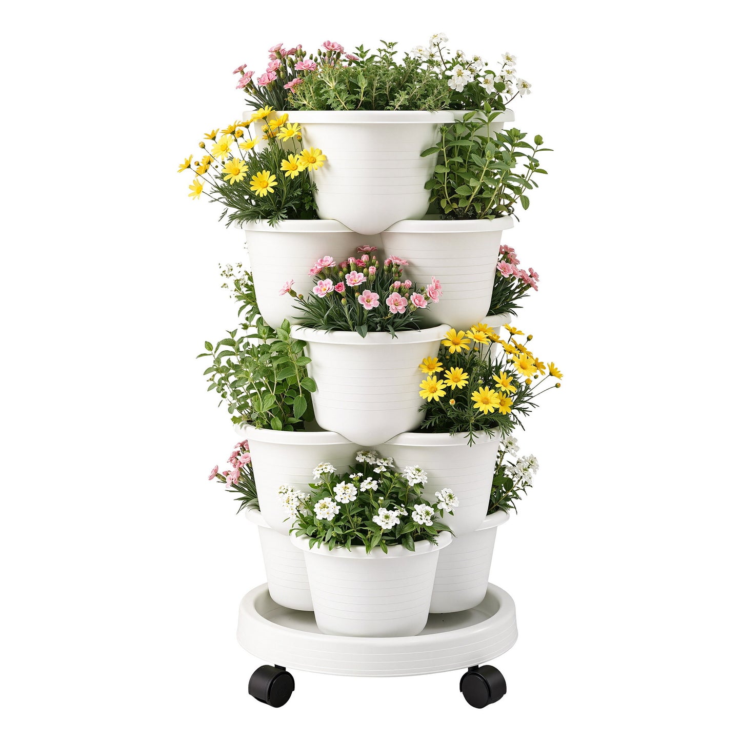 Green Fingers 5 Tier Vertical Garden Planter, Stackable Planters with Wheels, White, Garden Bed, Garden Tower Indoor Outdoor, Auto Drainage System, for Strawberries, Herbs, Flowers, Vegetables