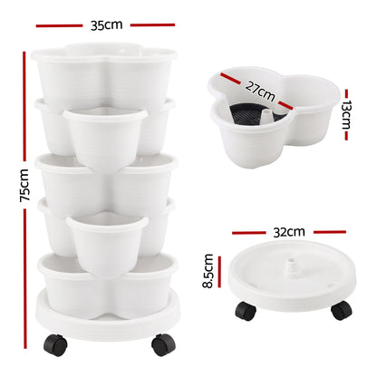 Green Fingers 5 Tier Vertical Garden Planter, Stackable Planters with Wheels, White, Garden Bed, Garden Tower Indoor Outdoor, Auto Drainage System, for Strawberries, Herbs, Flowers, Vegetables