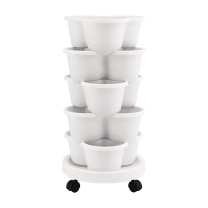 Green Fingers 5 Tier Vertical Garden Planter, Stackable Planters with Wheels, White, Garden Bed, Garden Tower Indoor Outdoor, Auto Drainage System, for Strawberries, Herbs, Flowers, Vegetables