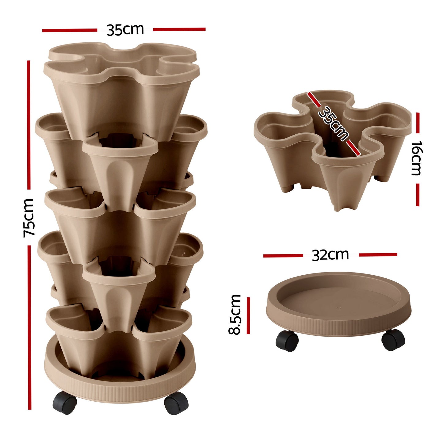 Green Fingers Garden Bed 5 Tier Vertical Garden Grey Strawberry Stackable Planters Herb Petunias Tan - #product