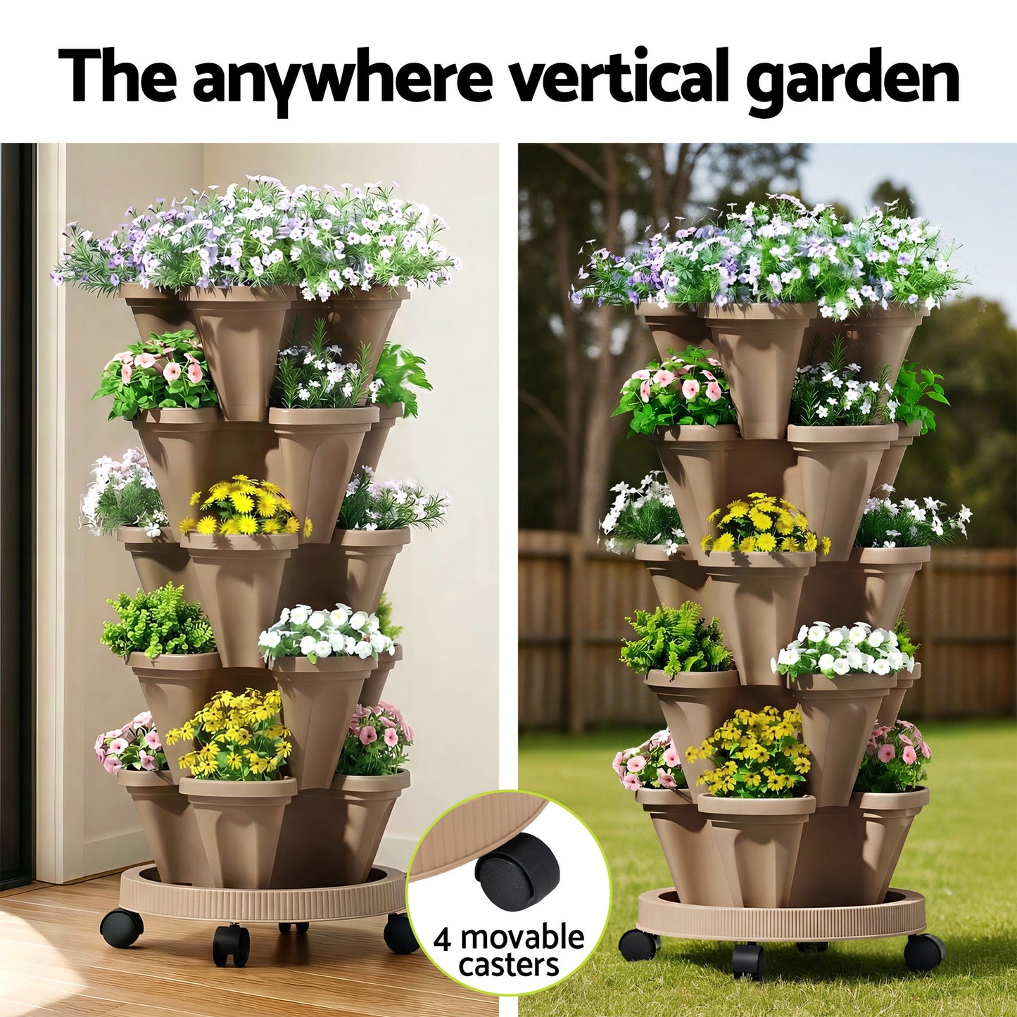 Green Fingers Garden Bed 5 Tier Vertical Garden Grey Strawberry Stackable Planters Herb Petunias Tan - #product
