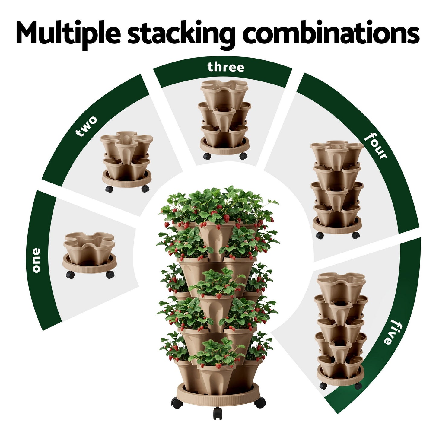 Green Fingers Garden Bed 5 Tier Vertical Garden Grey Strawberry Stackable Planters Herb Petunias Tan - #product