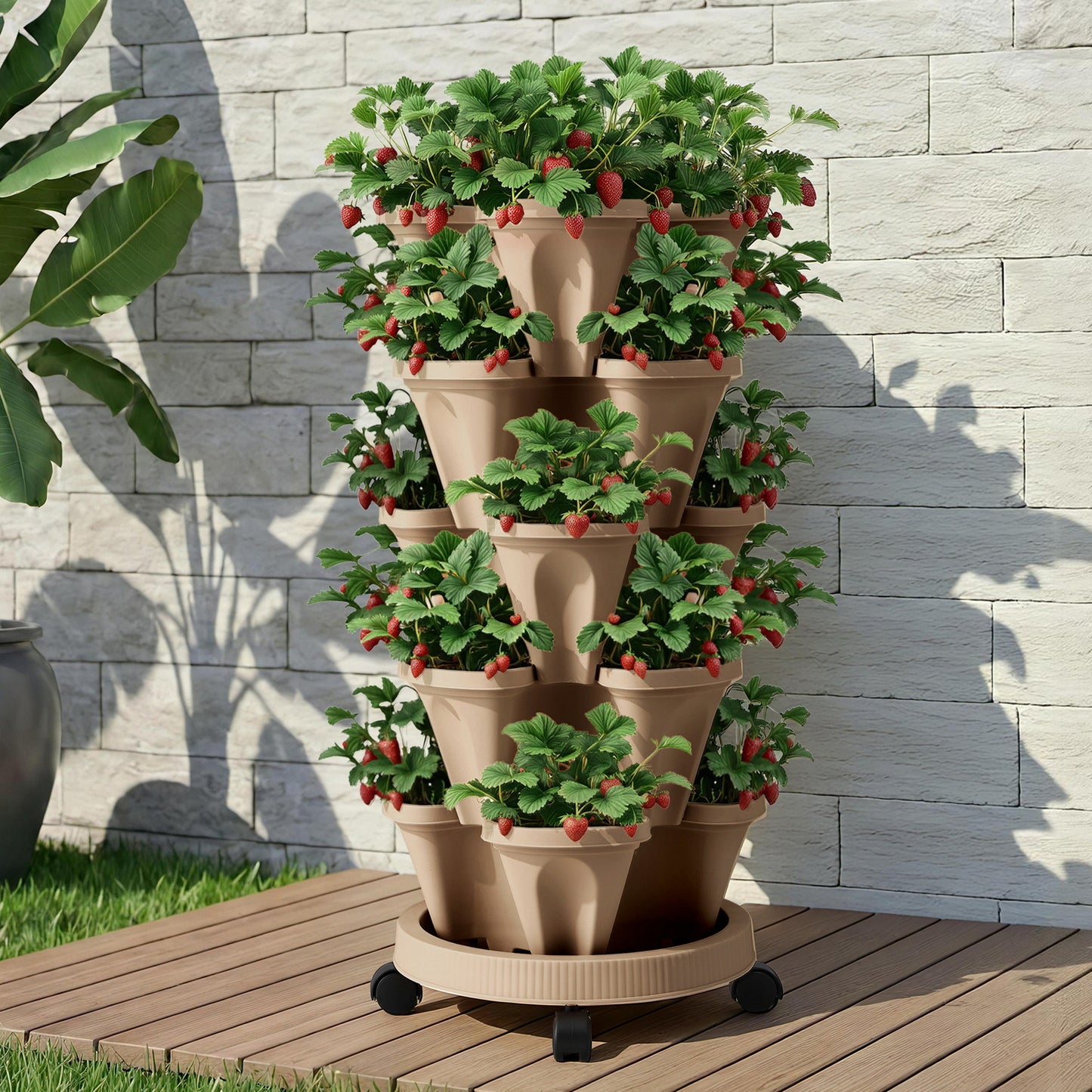 Green Fingers Garden Bed 5 Tier Vertical Garden Grey Strawberry Stackable Planters Herb Petunias Tan - #product
