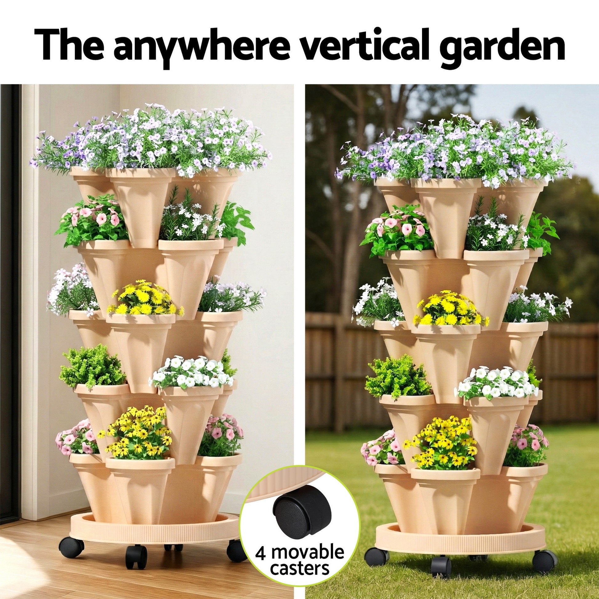 Green Fingers Garden Bed 5 Tier Vertical Garden Grey Strawberry Stackable Planters Herbs Beige - #product