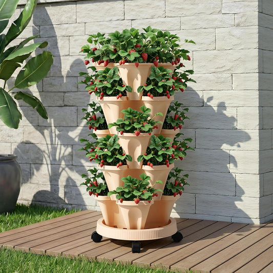 Green Fingers Garden Bed 5 Tier Vertical Garden Grey Strawberry Stackable Planters Herbs Beige - #product