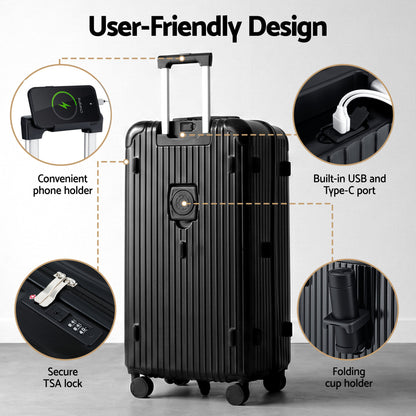 Wanderlite 28" Trunk Luggage Suitcase Travel 5 Wheels Type-C Port TSA Black