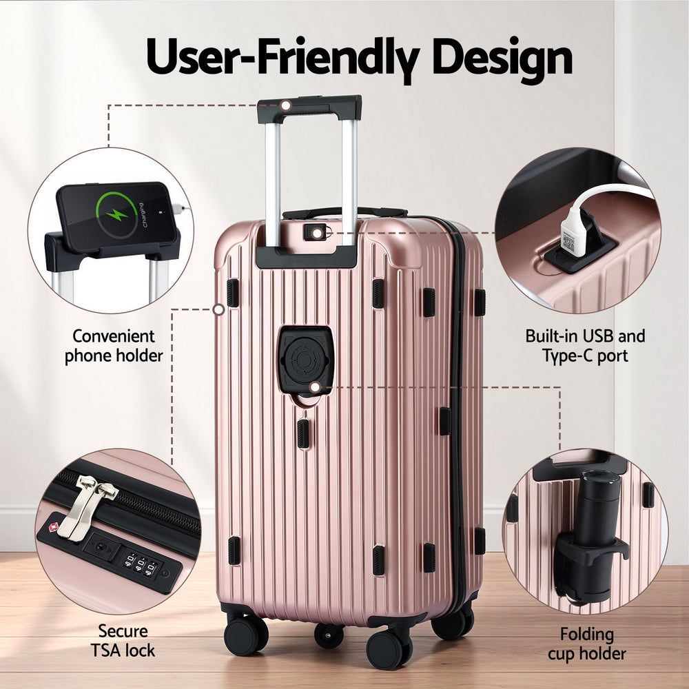 Wanderlite 28" Trunk Luggage Suitcase Travel 5 Wheels Type-C Port TSA Rose Gold