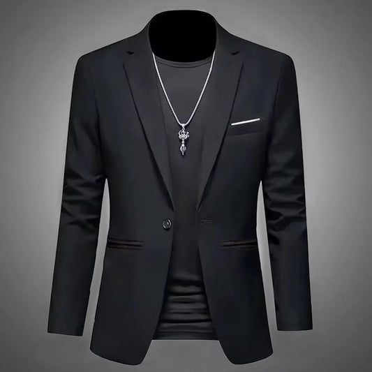 Mens Slim Fit Casual Suit Jacket Single Button (Black)