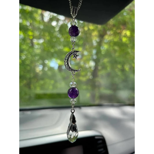 Moon and Star Rear View Mirror Accessories,Crystal Amethyst Stone Bead Car Decor Boho Witchy Suncatcher Healing Car Charm Hanging Ornaments for Women Men