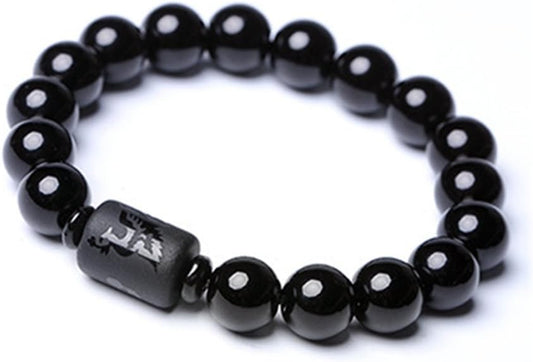 Natural Obsidian Stone Bead Bracelet Couple Men 10mm and Women 8mm Dragon and Phoenix Totem Jewelry (Phoenix)