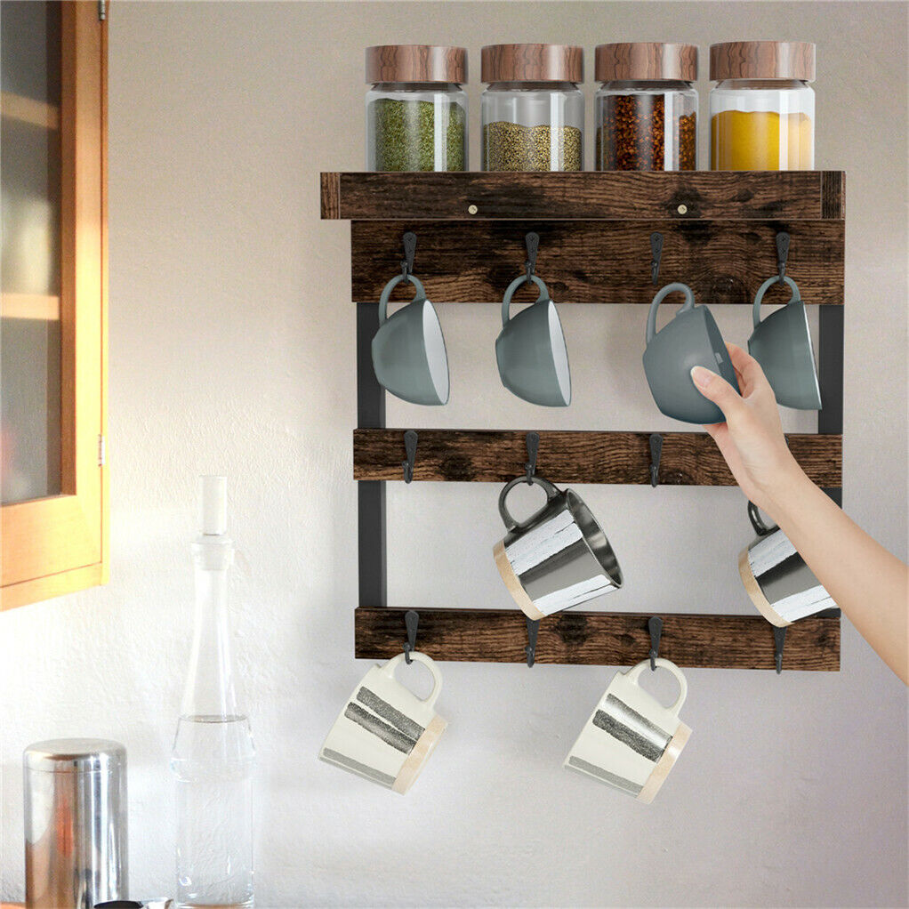 Wooden Coffee Mug Rack 12 Hooks Cup Holder