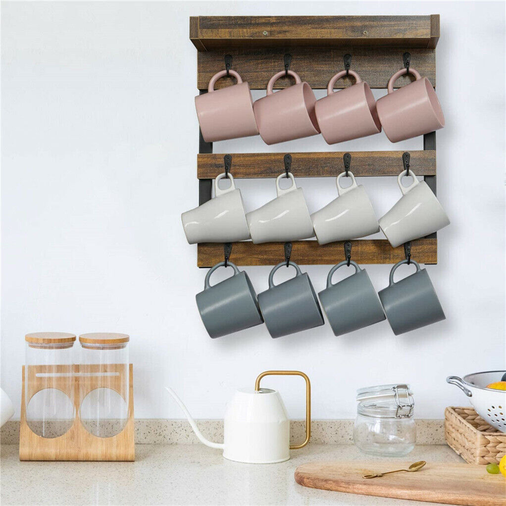Wooden Coffee Mug Rack 12 Hooks Cup Holder