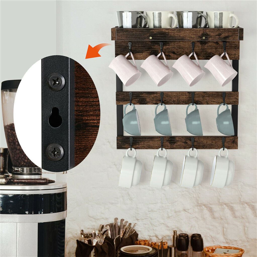 Wooden Coffee Mug Rack 12 Hooks Cup Holder