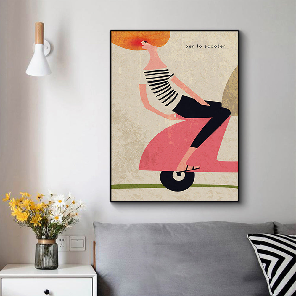 Wall Art 60cm x 90cm Scooter Black Frame Canvas - Modern Vintage Motorcycle Print