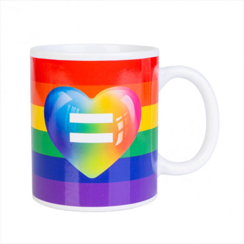 Mug with rainbow design and equal sign heart on a white background