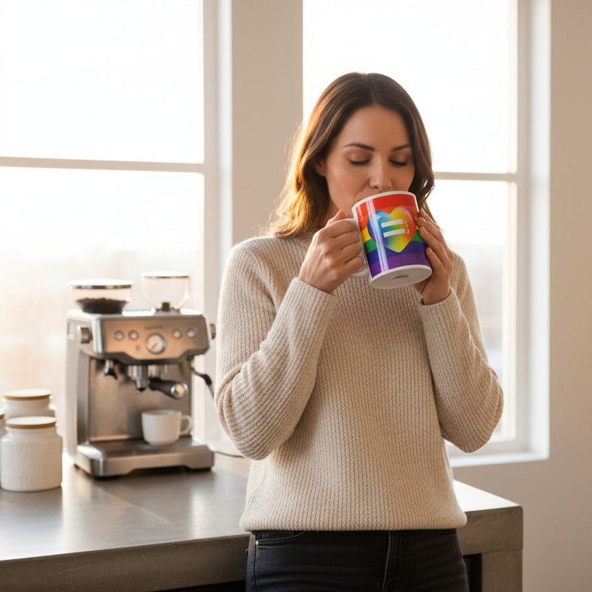 Mug with rainbow design and equal sign heart on a white background
