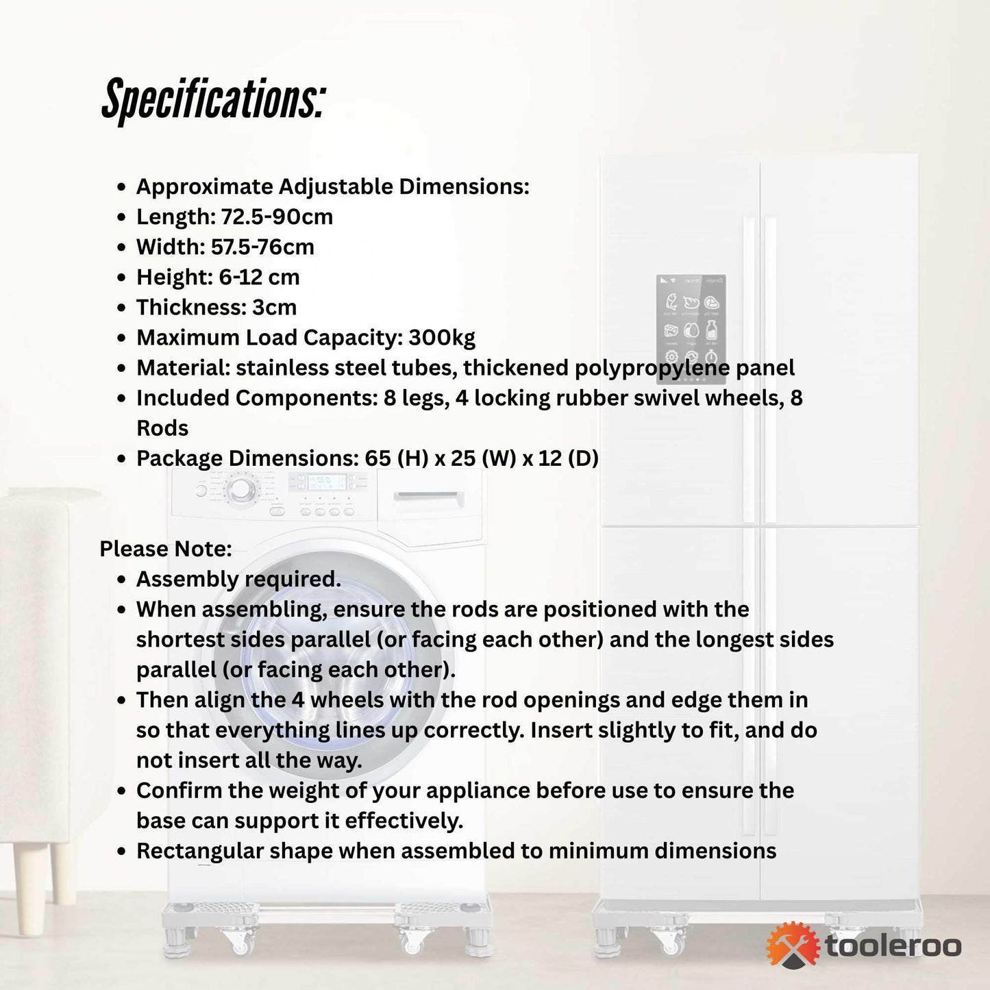 Tooleroo Adjustable Appliance Base Stand for Washing Machine with Locking Wheels