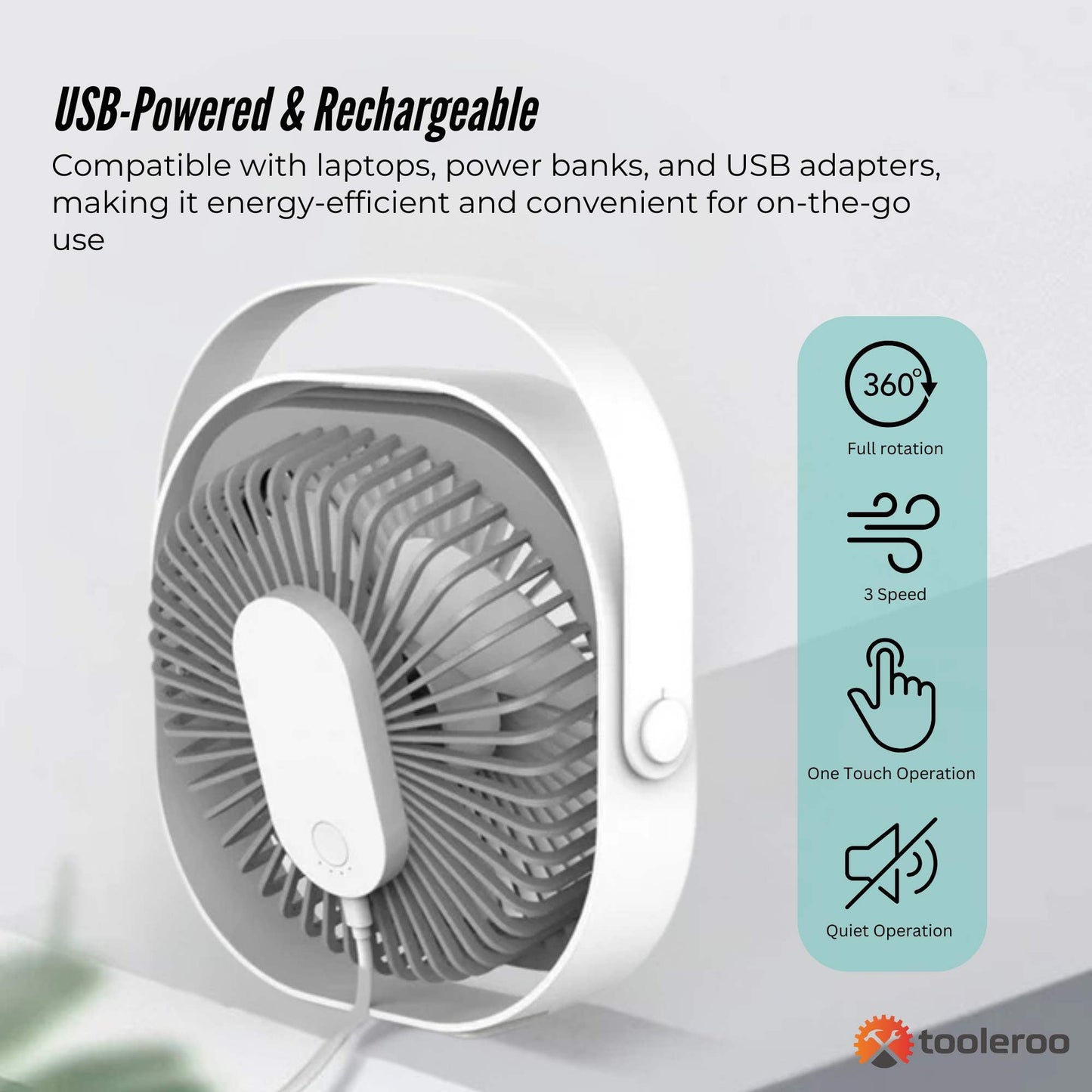 3-Speed USB 20cm Desktop Fan - Quiet Portable Lightweight Rechargeable Cooler
