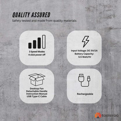 3-Speed USB 20cm Desktop Fan - Quiet Portable Lightweight Rechargeable Cooler