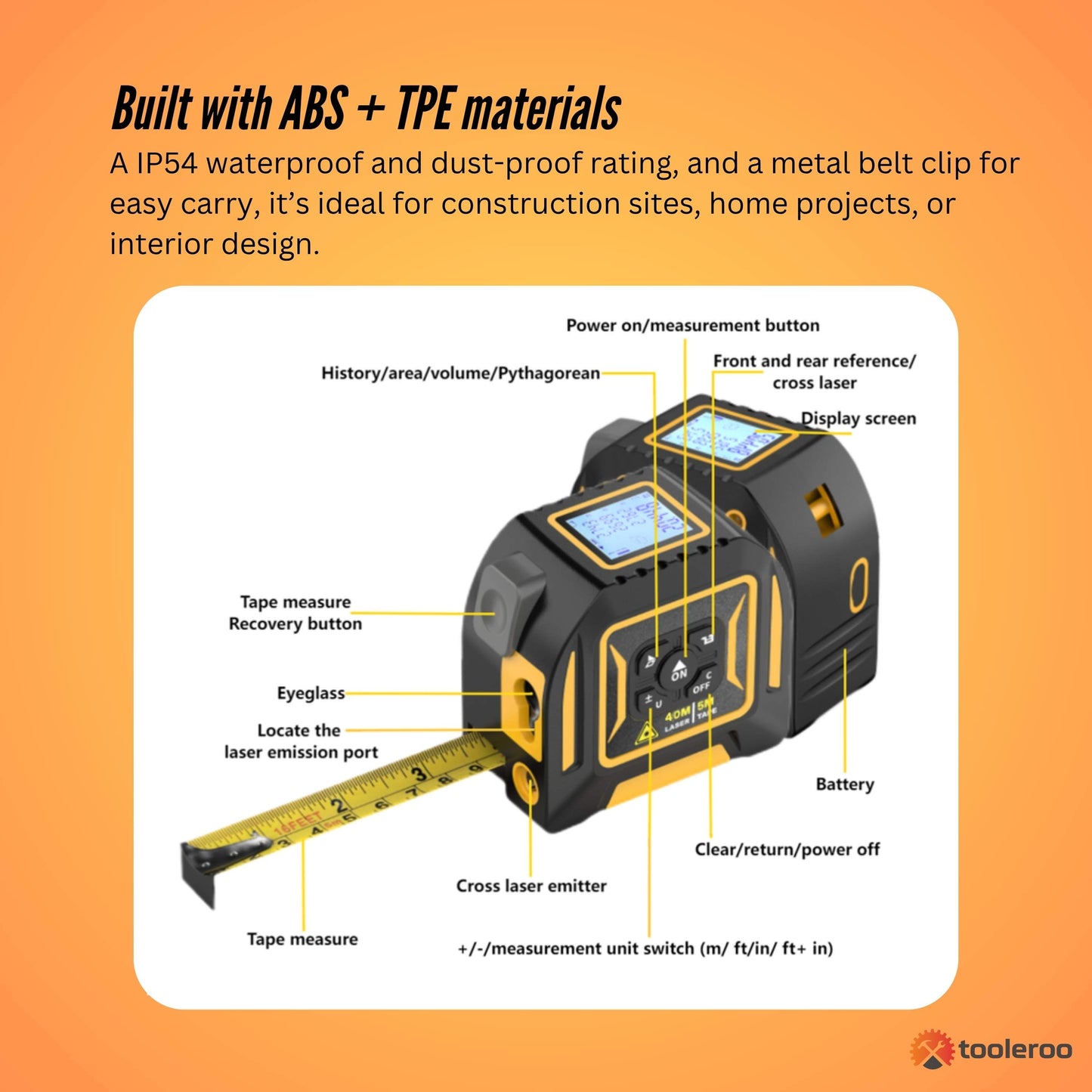 Tooleroo 40m Digital Laser Tape Measure + 5m Steel Tape – 3-in-1 Cross Marking