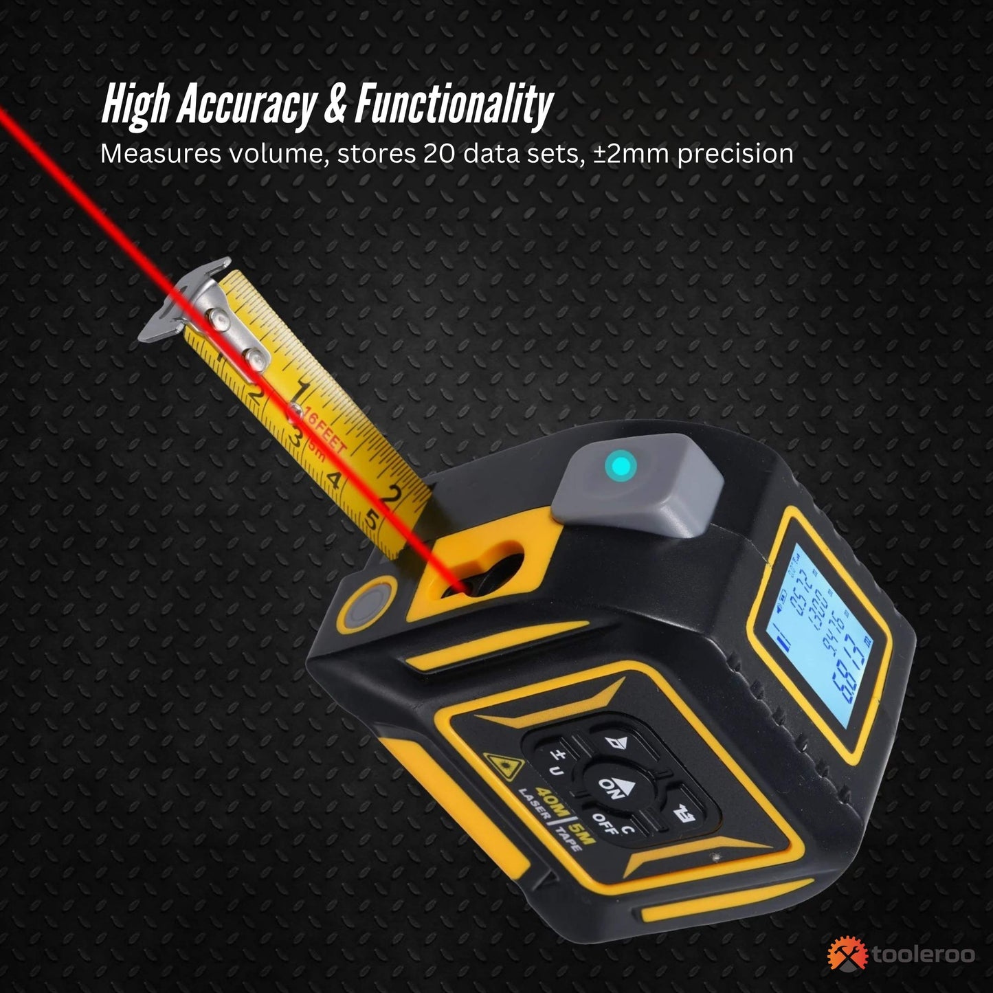 Tooleroo 40m Digital Laser Tape Measure + 5m Steel Tape – 3-in-1 Cross Marking