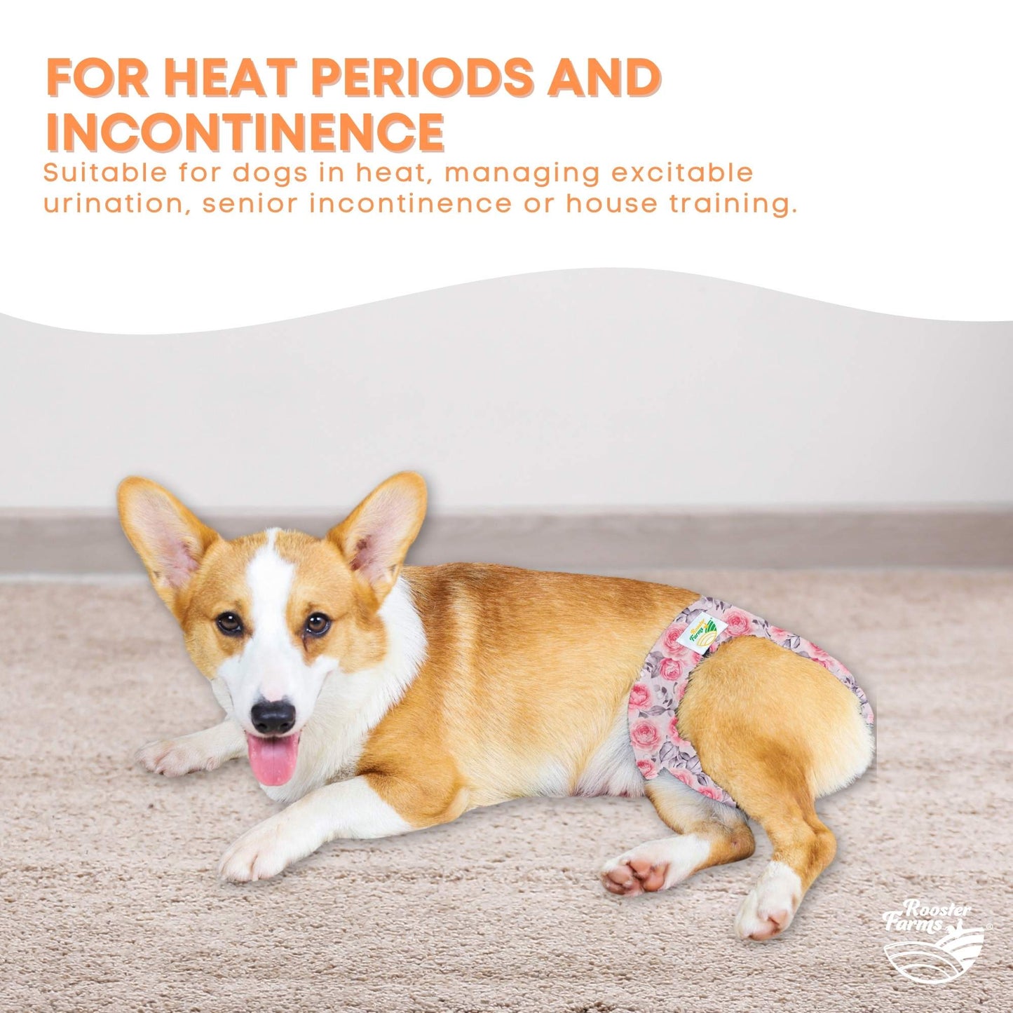 Rooster Farms Female Dog Diapers Medium 3Pk - Washable Reusable Nappy Hook/Loop