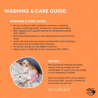 Rooster Farms Female Dog Diapers Medium 3Pk - Washable Reusable Nappy Hook/Loop