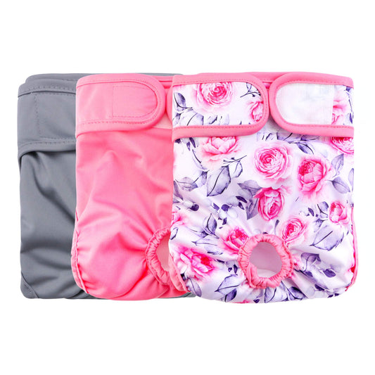 Rooster Farms Female Dog Diapers Large 3Pk - Washable Reusable Nappies Hook/Loop