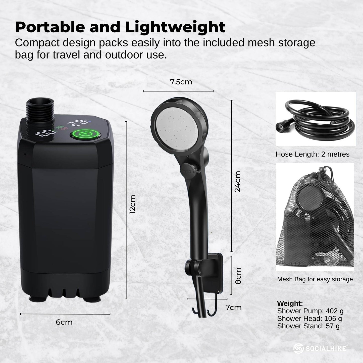 Social Hike Portable Camping Shower Kit - 6000MAh Outdoor Rechargeable Pump LED