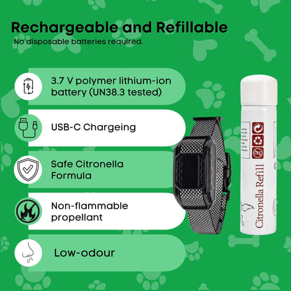 Rooster Farms Dog Bark Training Collar Citronella + Sound Rechargeable Automatic