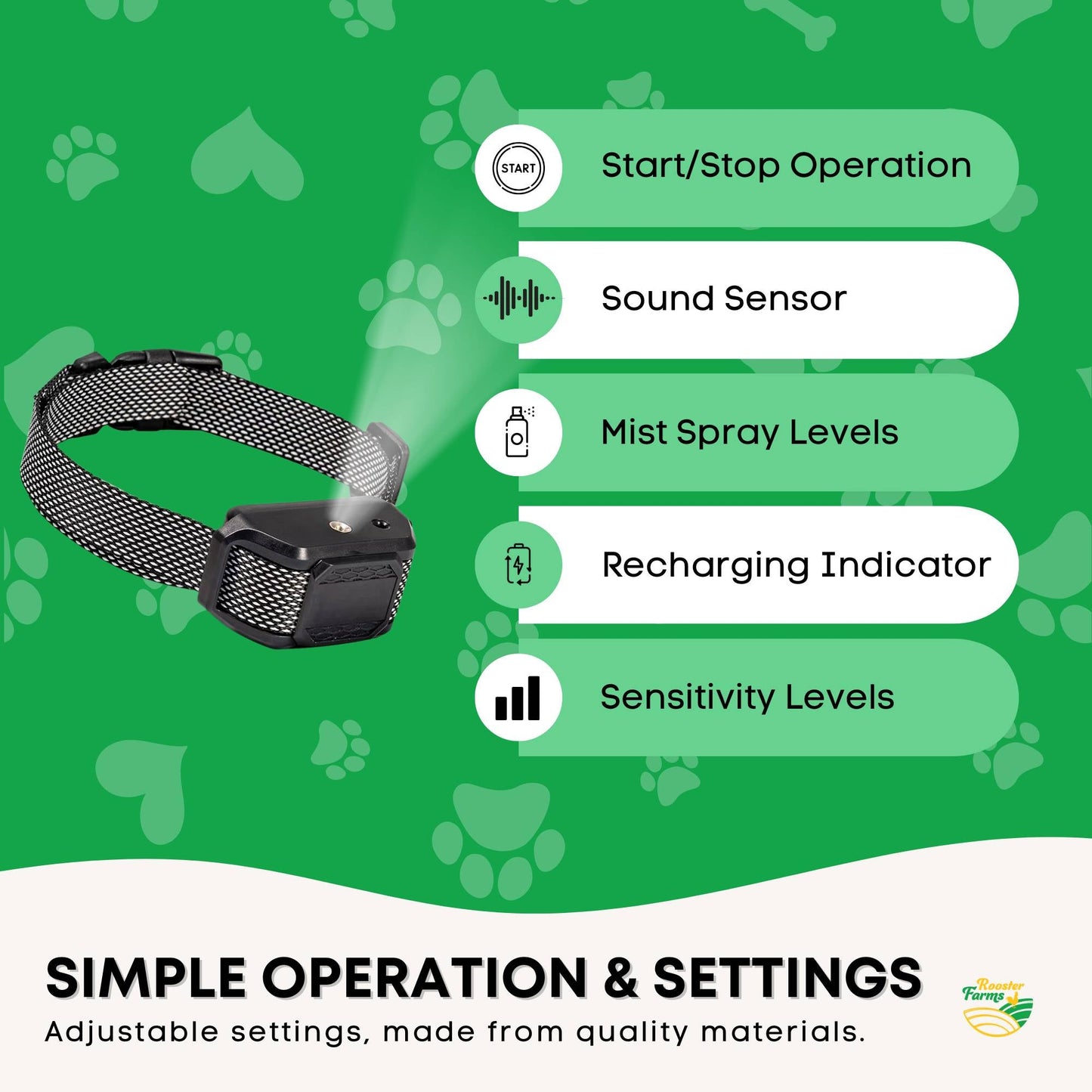 Rooster Farms Dog Bark Training Collar Citronella + Sound Rechargeable Automatic