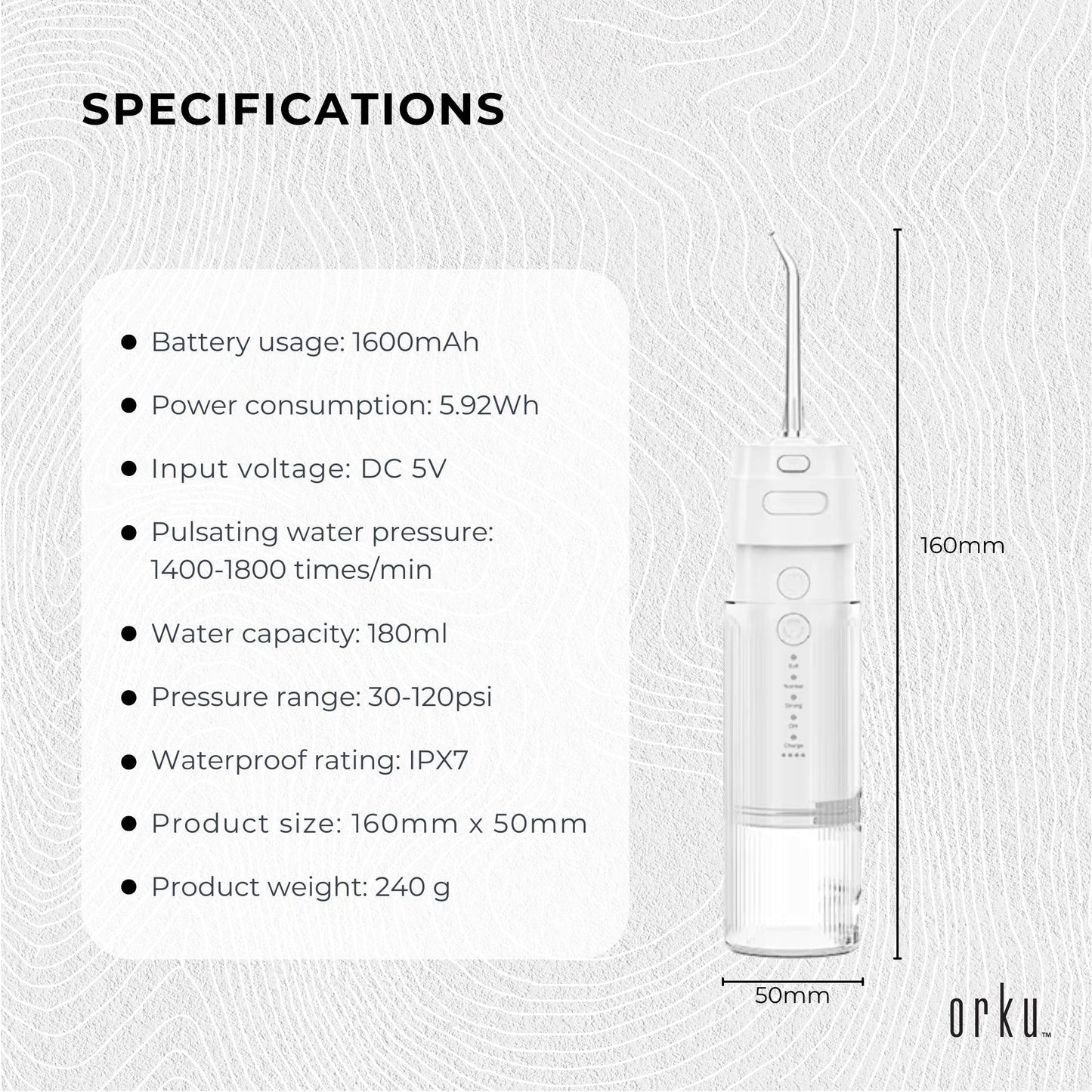 Orku Mini Water Flosser Rechargeable Portable Extendable Travel Oral Irrigator White