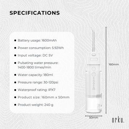 Orku Mini Water Flosser Rechargeable Portable Extendable Travel Oral Irrigator White